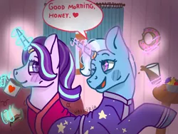 Size: 1024x768 | Tagged: safe, artist:valkiria, derpibooru import, starlight glimmer, trixie, unicorn, bathrobe, clothes, coffee, female, happy, heart, jewelry, lesbian, looking at each other, love, magic, pajamas, ring, robe, shipping, startrix