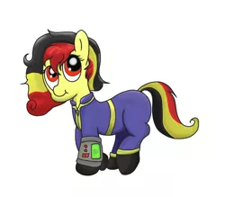 Size: 1200x1050 | Tagged: safe, derpibooru import, oc, oc:chocolate sweets, earth pony, fallout equestria, belgium, clothes, pipbuck, red eyes, solo, vault suit