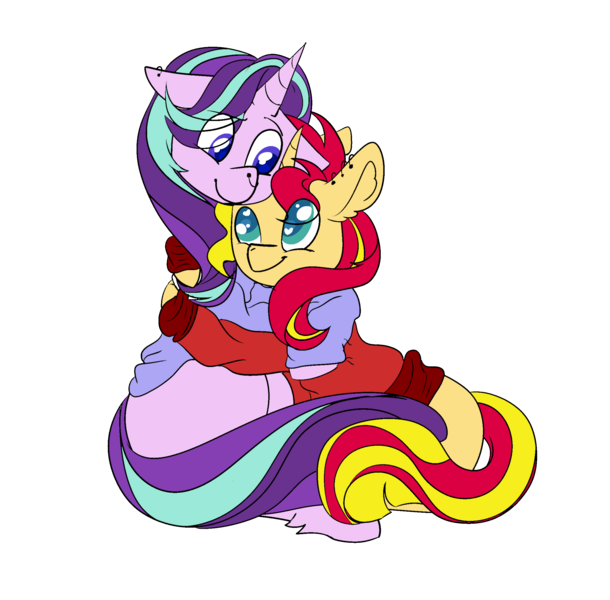 Size: 2336x2296 | Tagged: safe, artist:bublebee123, artist:icey-wicey-1517, color edit, derpibooru import, edit, starlight glimmer, sunset shimmer, pony, unicorn, clothes, collaboration, colored, ear piercing, earring, female, heart eyes, hug, jewelry, lesbian, mare, missing cutie mark, nose piercing, nose ring, palindrome get, piercing, shimmerglimmer, shipping, simple background, sweater, transparent background, wingding eyes