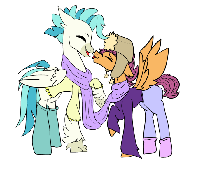 Size: 2861x2529 | Tagged: safe, artist:bublebee123, artist:icey-wicey-1517, color edit, derpibooru import, edit, scootaloo, terramar, hippogriff, pegasus, pony, boop, clothes, collaboration, colored, ear piercing, earring, female, gay, half r63 shipping, hat, jeans, jewelry, lip piercing, male, noseboop, older, older scootaloo, pants, piercing, rule 63, scarf, scooteroll, shipping, shirt, simple background, socks, stallion, straight, sweater, terraloo, terraroll, transparent background, ushanka