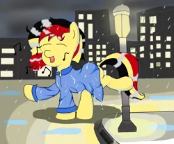 Size: 1200x1000 | Tagged: belgium, city, dancing, derpibooru import, lamppost, oc, oc:chocolate sweets, puddles, rain, raincoat, safe, scenery, singing, solo, wet, wet mane