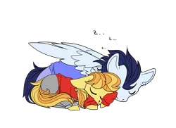 Size: 3034x2204 | Tagged: safe, artist:bublebee123, artist:icey-wicey-1517, color edit, derpibooru import, edit, braeburn, soarin', earth pony, pegasus, pony, clothes, collaboration, colored, ear piercing, earring, eyes closed, gay, jeans, jewelry, male, nose piercing, nose ring, onomatopoeia, pants, piercing, shipping, simple background, sleeping, soarburn, sound effects, stallion, sweater, transparent background, zzz