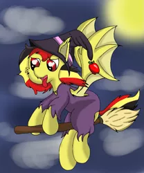 Size: 833x1000 | Tagged: safe, derpibooru import, oc, oc:chocolate sweets, unofficial characters only, bat pony, belgium, broom, clothes, costume, flying, flying broomstick, halloween, halloween costume, hat, holiday, solo, tongue out, witch, witch hat