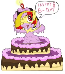 Size: 1200x1371 | Tagged: artist:amateur-draw, belgium, birthday, birthday cake, birthday candle, cake, candle, covered in cake, derpibooru import, food, messy, messy eating, messy mane, oc, oc:chocolate sweets, one eye closed, pie, pied, pop out cake, safe, solo, text, wet and messy, wink, winking at you