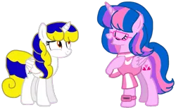 Size: 1353x844 | Tagged: safe, alternate version, artist:徐詩珮, derpibooru import, oc, oc:hsu amity, oc:starflashing twinkle, alicorn, pony, alicorn oc, background removed, clothes, duo, eyelashes, eyes closed, female, glasses, hooves to the chest, horn, mare, open mouth, raised hoof, simple background, smiling, transparent background, wings