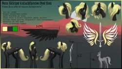 Size: 4800x2700 | Tagged: safe, artist:nsilverdraws, artist:veen, derpibooru import, oc, oc:veen sundown, unofficial characters only, horse, pegasus, pony, abstract, abstract background, adorable face, adorkable, angry, backstory, backstory in description, blonde, chest fluff, crying, cute, cutie mark, derp, dork, expressions, female, fluffy, handwriting, happy, high res, jewelry, leg fluff, magic, mare, mountain, mountain range, name, pegasus oc, piercing, ponytail, pouting, reference sheet, sad, scimitar, simple background, size comparison, size difference, smug, solo, sundown clan, sunset, sword, text, weapon, wings