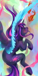 Size: 1920x3840 | Tagged: safe, artist:wilvarin-liadon, derpibooru import, twilight sparkle, twilight sparkle (alicorn), alicorn, fish, goldfish, pony, female, mare, smiling, solo, spread wings, wings