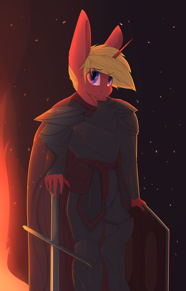 Size: 2300x3600 | Tagged: anthro, armor, artist:chapaevv, commission, derpibooru import, fire, knight, looking at you, male, oc, oc:fire bolt, safe, sheild, solo, sword, unofficial characters only, weapon