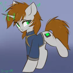 Size: 1600x1600 | Tagged: safe, artist:hydrargyrum, derpibooru import, oc, oc:littlepip, unofficial characters only, pony, unicorn, fallout equestria, fanfic, clothes, cute, fanfic art, female, freckles, gradient background, heart, hooves, horn, looking at you, magic, mare, pipbuck, raised leg, smiling, solo, vault suit