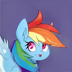 Size: 1024x1024 | Tagged: safe, artist:thisponydoesnotexist, derpibooru import, machine learning generated, oc, unofficial characters only, pegasus, pony, artificial intelligence, blue background, female, image, jpeg, mare, multicolored hair, neural network, not rainbow dash, open mouth, rainbow hair, simple background, solo