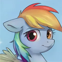 Size: 1024x1024 | Tagged: safe, artist:thisponydoesnotexist, derpibooru import, machine learning generated, oc, unofficial characters only, pegasus, pony, artificial intelligence, blue background, female, heterochromia, image, jpeg, mare, multicolored hair, neural network, not rainbow dash, rainbow hair, simple background, solo