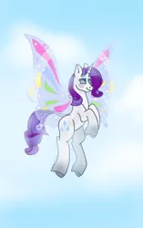 Size: 1440x2288 | Tagged: safe, artist:valkiria, derpibooru import, rarity, butterfly, insect, unicorn, sonic rainboom (episode), butterfly wings, cloud, flying, sky, wings