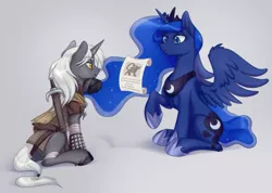 Size: 2807x1999 | Tagged: safe, artist:ls_skylight, derpibooru import, chimera sisters, princess luna, oc, alicorn, chimera, pony, unicorn, medallion, multiple heads, scroll, simple background, sword, the witcher, three heads, weapon, witcher