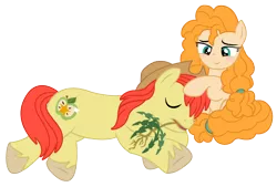 Size: 1304x882 | Tagged: safe, artist:three uncle, derpibooru import, bright mac, pear butter, earth pony, pony, the perfect pear, blushing, brightbutter, bucket, cowboy hat, cute, female, hat, husband and wife, male, mare, mouth hold, shipping, simple background, sleeping, stallion, straight, transparent background