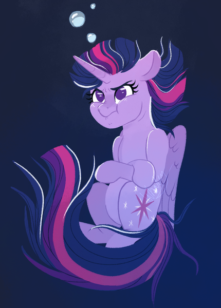 Size: 907x1265 | Tagged: safe, artist:whalepornoz, derpibooru import, twilight sparkle, twilight sparkle (alicorn), alicorn, pony, angry, blue background, bubble, crossed hooves, female, holding breath, simple background, solo, underwater