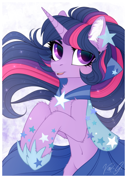 Size: 1420x1980 | Tagged: safe, artist:vird-gi, derpibooru import, twilight sparkle, pony, unicorn, the best night ever, belly button, bipedal, chest fluff, clothes, dress, ear fluff, female, fluffy, gala dress, hoof shoes, leg fluff, mare, open mouth, signature, solo, unicorn twilight