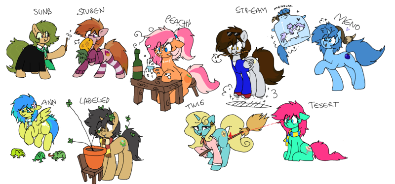 Size: 3085x1441 | Tagged: safe, artist:orchidpony, derpibooru import, oc, oc:annapone, oc:meno, oc:minty split, oc:peachy, oc:seafoam breeze, oc:streaming arrow, oc:stuben, oc:sunberry, unofficial characters only, earth pony, frog, pegasus, pony, unicorn, broom, food, pineapple, pony in a bottle