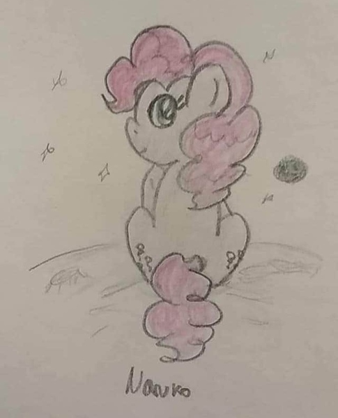 Size: 640x792 | Tagged: artist:wrath-marionphauna, colored pencil drawing, derpibooru import, female, here on the moon, looking at you, moon, night, pinkie pie, safe, solo, song reference, stars, traditional art