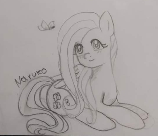 Size: 540x463 | Tagged: artist:wrath-marionphauna, blushing, butterfly, derpibooru import, female, fluttershy, insect, pegasus, pencil drawing, safe, sketch, smiling, solo, traditional art