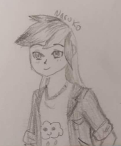 Size: 414x499 | Tagged: artist:wrath-marionphauna, derpibooru import, female, human, humanized, pencil drawing, rainbow dash, safe, sketch, smiling, solo, traditional art