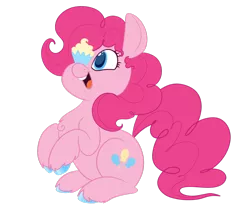 Size: 1280x1087 | Tagged: safe, artist:dreamdroplets, derpibooru import, pinkie pie, earth pony, pony, chest fluff, cupcake, cute, diapinkes, female, food, mare, open mouth, ponies balancing stuff on their nose, simple background, solo, transparent background, unshorn fetlocks