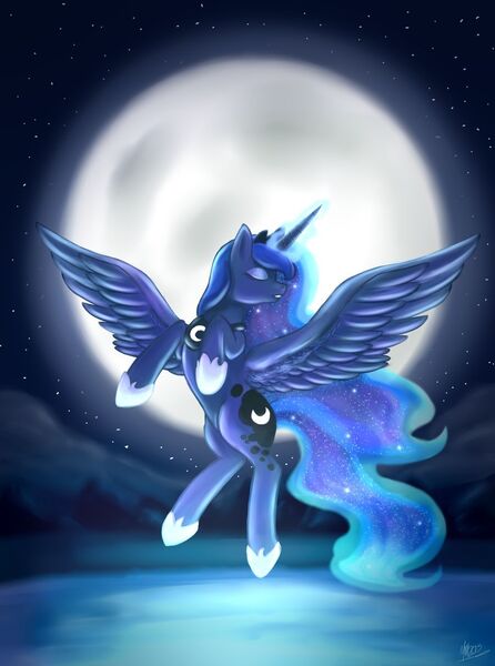 Size: 900x1212 | Tagged: safe, artist:luna-hime-sama, derpibooru import, princess luna, alicorn, pony, eyes closed, female, flying, full moon, glowing horn, horn, mare, moon, night, profile, raising the moon, sky, solo, spread wings, stars, wings