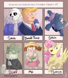 Size: 1080x1244 | Tagged: safe, artist:deraxx_yt, derpibooru import, fluttershy, human, pegasus, pony, six fanarts, :d, bone, bust, chest fluff, clothes, crossover, donald trump, female, grin, hat, lilo and stitch, looking up, male, mare, mei, my neighbor totoro, necktie, open mouth, overwatch, sans (undertale), side hug, skeleton, slav, smiling, stitch, undertale, voltron legendary defender