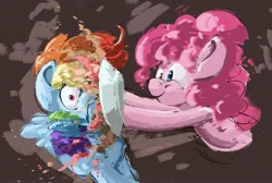 Size: 2916x1955 | Tagged: safe, artist:rigbyh00ves, derpibooru import, pinkie pie, rainbow dash, earth pony, pegasus, pony, bust, duo, female, food, mare, pie, pie tin, pied, smiling, surprised, varying degrees of amusement, wide eyes, wings
