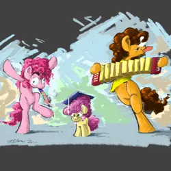 Size: 2000x2000 | Tagged: safe, artist:rigbyh00ves, derpibooru import, cheese sandwich, li'l cheese, pinkie pie, earth pony, pony, the last problem, abstract background, accordion, atg 2020, bipedal, cheesepie, family, female, filly, graduation cap, hat, male, mare, musical instrument, newbie artist training grounds, shipping, silly face, smiling, stallion, straight, tongue out, trio