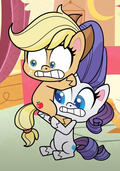 Size: 500x713 | Tagged: safe, derpibooru import, screencap, applejack, rarity, earth pony, pony, unicorn, my little pony: pony life, sick day, spoiler:pony life s01e13, spoiler:pony life s01e20, carrying, female, holding, hug, mare, scared