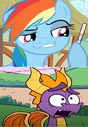 Size: 363x518 | Tagged: derpibooru import, dragon, edit, edited screencap, faic, hoof hold, implied interspecies, implied shipping, magnetic hooves, pegasus, pregnancy test, pregnancy test meme, rainbow dash, safe, screencap, shocked expression, spyrodash, spyro's bad day, spyro the dragon