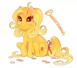 Size: 902x792 | Tagged: safe, artist:pinle, derpibooru import, butterscotch (g3), pony, blushing, bow, candy, female, food, g3, heart, heart eyes, lollipop, mare, simple background, sitting, text, white background, wingding eyes