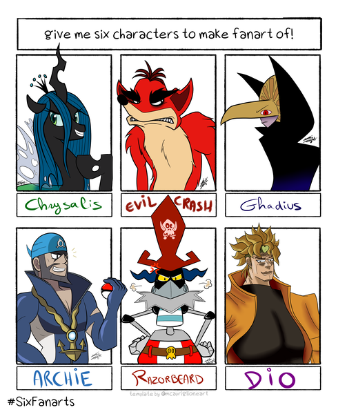 Size: 3000x3582 | Tagged: safe, artist:claraknight, derpibooru import, queen chrysalis, anthro, bandicoot, changeling, changeling queen, robot, six fanarts, admiral razorbeard, archie, bandana, beard, bust, clothes, crash bandicoot, crash twinsanity, crossover, dio brando, facial hair, female, ghadius, hand on hip, hat, image, jojo's bizarre adventure, klonoa, male, mask, pirate, pirate hat, plague doctor mask, png, pokéball, pokémon, rayman