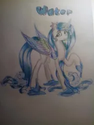 Size: 640x853 | Tagged: safe, artist:kiwwsplash, derpibooru import, oc, unofficial characters only, alicorn, pony, alicorn oc, hoof shoes, horn, raised hoof, solo, text, traditional art, wings