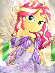 Size: 1800x2400 | Tagged: safe, artist:artmlpk, derpibooru import, sunset shimmer, equestria girls, adorable face, adorasexy, adorkable, alternate hairstyle, angel, angelic wings, armor, bare chest, bare shoulders, beautiful, clothes, cute, digital art, dork, dress, female, goddess, greek, greek clothes, greek goddess, hair, halo, hips, leaves, lidded eyes, light, looking at you, plant, see-through, sexy, shimmerbetes, smiling, smiling at you, solo, sun rays, sunflare, sunset, sunset shimmer is god, thighs, watermark, wings
