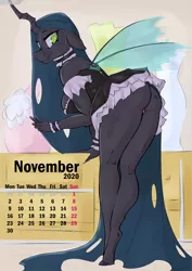 Size: 2480x3508 | Tagged: anthro, artist:longtailshort, ass, breasts, butt, calendar, changeling, changeling queen, clothes, derpibooru import, female, queen chrysalis, solo, suggestive