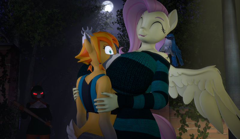 Size: 3728x2160 | Tagged: 3d, angry, anthro, artist:dongly12, baseball bat, big breasts, bird, boob hug, breasts, busty fluttershy, clothes, deer, deer oc, derpibooru import, distressed, female, females only, fluttershy, glowing eyes, hape, hug, huge breasts, moonlight, mother and child, mother and daughter, oc, oc:fireberry, oc:tea tree, plantigrade anthro, red eyes, revamped anthros, smothering, source filmmaker, suggestive, sweater, sweatershy, this will end in pain