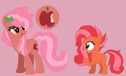 Size: 727x439 | Tagged: safe, artist:somecoconut, derpibooru import, oc, oc:blossom bites, oc:spicy powder, unofficial characters only, earth pony, pony, base used, blank flank, bow, cutie mark, earth pony oc, female, filly, freckles, hair bow, lidded eyes, offspring, parent:big macintosh, parent:cheerilee, parents:cheerimac, siblings, sisters