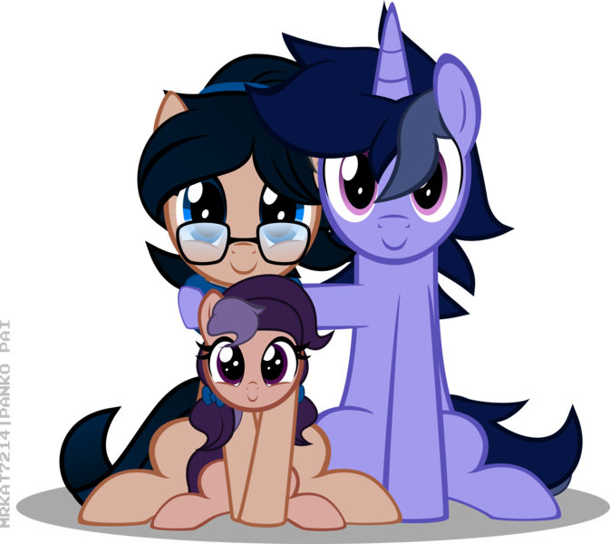 Size: 7548x6733 | Tagged: safe, artist:mrkat7214, derpibooru import, oc, oc:crescend cinnamon, oc:lavender adagio, oc:purple flix, unofficial characters only, earth pony, pony, unicorn, absurd resolution, family, father and child, father and daughter, female, glasses, husband and wife, looking at you, male, mother and child, mother and daughter, simple background, sitting, transparent background, vector