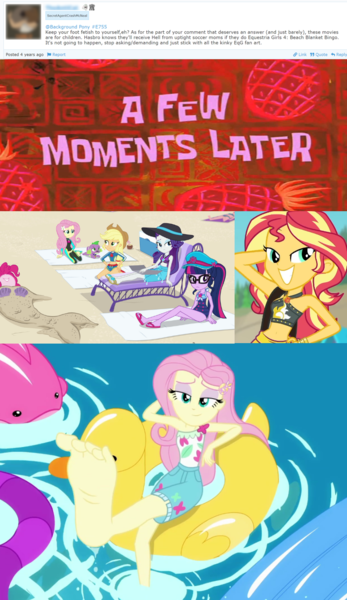 Size: 744x1287 | Tagged: safe, derpibooru import, edit, edited screencap, editor:grapefruitface, screencap, applejack, fluttershy, pinkie pie, rainbow dash, rarity, sci-twi, sunset shimmer, twilight sparkle, equestria girls, equestria girls series, forgotten friendship, i'm on a yacht, spoiler:eqg series (season 2), aged like milk, barefoot, belly button, clothes, collage, derpibooru comments, feet, flutterfeet, mane six, proven wrong, spongebob squarepants, spongebob time card, swimsuit, wiggling toes