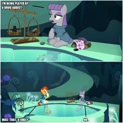 Size: 1000x1000 | Tagged: safe, artist:thor-disciple, derpibooru import, edit, edited screencap, screencap, maud pie, sunburst, earth pony, unicorn, uncommon bond, drug addiction, drugs, rock, scale