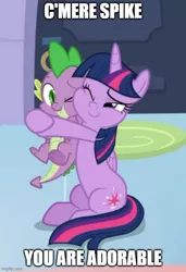 Size: 500x731 | Tagged: safe, derpibooru import, edit, edited screencap, editor:twi clown, screencap, spike, twilight sparkle, twilight sparkle (alicorn), alicorn, dragon, pony, the ending of the end, caption, cheek squish, cropped, cute, duo, female, hug, image macro, male, mama twilight, mare, meme, sitting, spikabetes, spikelove, squishy cheeks, text, twiabetes, winged spike