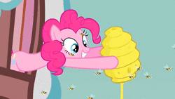 Size: 1920x1080 | Tagged: safe, derpibooru import, screencap, pinkie pie, bee, earth pony, insect, pony, apple family reunion, animated, beehive, burp, eating, female, food, honey, licking, licking lips, mare, solo, sound, tongue out, webm