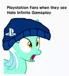 Size: 636x696 | Tagged: safe, artist:genericdave, derpibooru import, edit, lyra heartstrings, pony, unicorn, 1000 hours in ms paint, console, console ponies, console wars, female, halo infinite, hat, mare, meme, obligatory pony, playstation, simple background, solo, surprised, white background