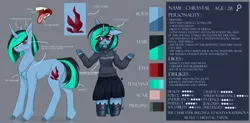 Size: 6378x3150 | Tagged: safe, artist:chrystal_company, derpibooru import, oc, oc:nightmare chrystal, unofficial characters only, anthro, pony, unicorn, arm hooves, clothes, colored hooves, crystal, female, jewelry, mare, necklace, open mouth, reference sheet, shrug, skirt, tongue out