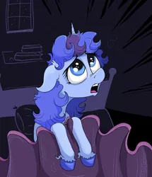 Size: 4197x4872 | Tagged: safe, artist:paskanaakka, derpibooru import, oc, oc:midnight dew, unofficial characters only, pony, unicorn, bed, blanket, colored hooves, ear fluff, female, looking up, mare, solo