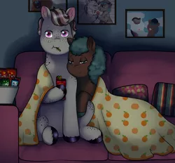 Size: 2445x2268 | Tagged: safe, artist:69beas, derpibooru import, oc, oc:oliver, oc:theo, unofficial characters only, earth pony, pony, blanket, candy, chill, colored hooves, couch, couple, cushion, dark, digital art, duo, eating, food, frame, gay, living room, male, picture, relaxed, shipping, sitting, snacks, stallion, watching tv