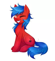 Size: 779x868 | Tagged: safe, artist:confetticakez, derpibooru import, oc, oc:firewolfy, earth pony, pony, cute, male, one eye closed, sitting, smiling, solo, stallion