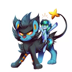 Size: 845x837 | Tagged: safe, artist:confetticakez, derpibooru import, oc, oc:kiru, luxray, pony, arms in the air, crossover, excited, female, jewelry, mare, necklace, pokémon, riding on back, simple background, white background