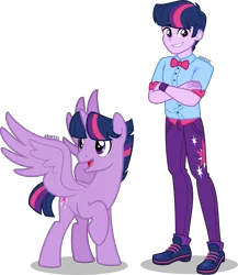 Size: 3479x4000 | Tagged: safe, artist:orin331, derpibooru import, twilight sparkle, twilight sparkle (alicorn), alicorn, pony, equestria girls, bowtie, clothes, crossed arms, cutie mark, cutie mark on clothes, dusk shine, equestria guys, grin, human ponidox, looking at you, male, open mouth, pants, prince dusk, raised hoof, rule 63, self paradox, self ponidox, shirt, shoes, smiling, stallion